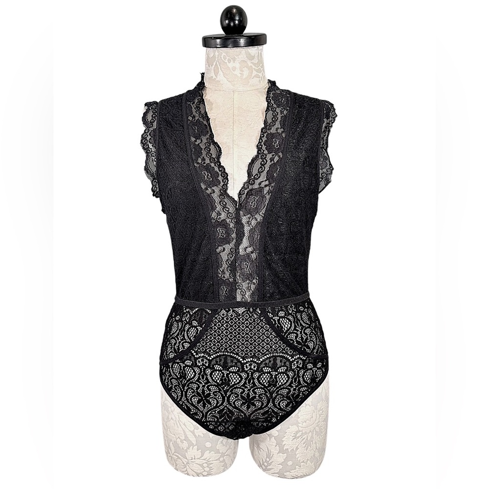 Sexy Black Lace Sheer Bodysuit Lingerie Medium